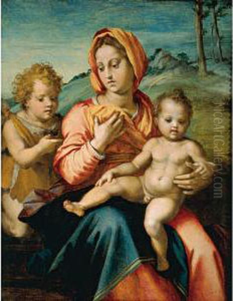 Madonna And Child With The Infant Saint John In A Landscape Oil Painting by Andrea Del Sarto