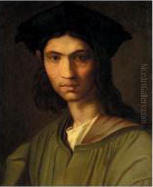 Portrait Of A Man, Head And 
Shoulders, Wearing A Green Jacket And A Black Hat, Said To Be Baccio 
Bandinelli Oil Painting by Andrea Del Sarto