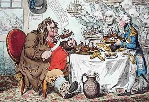 John Bull Taking a Luncheon or British Cooks cramming Old Grumble Gizzard with Bonne Chere Oil Painting by James Gillray