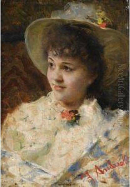 Girl In A Straw Hat Oil Painting by Federico Andreotti