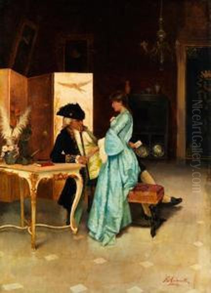 Zwiegesprach In Salon-interieur (derversteckte Liebesbrief) Oil Painting by Federico Andreotti