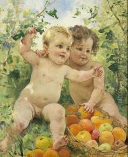 Due Bimbi Con Cesto Di Frutta Oil Painting by Federico Andreotti