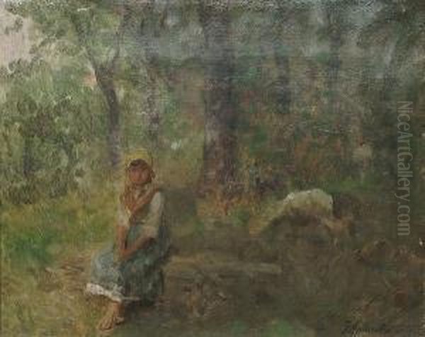 Young Girl Seated In A Wooded Landscape Oil Painting by Federico Andreotti