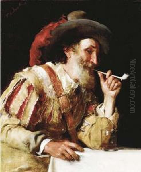 A Distinquished Cavalier Smoking A Pipe Oil Painting by Federico Andreotti