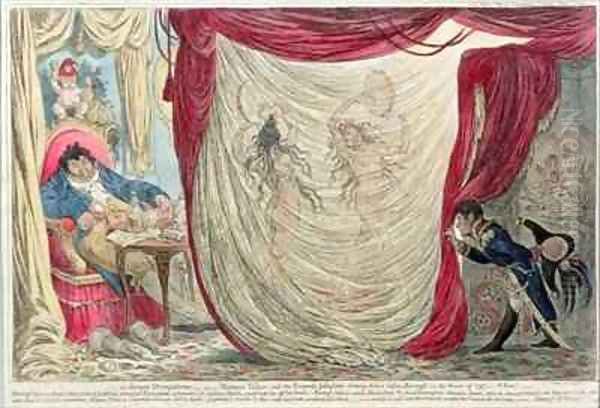 Occupations of Madame Theresa Tallien 1773-1835 and the Empress Josephine 1763-1814 dancing naked before the Vicomte de Barras 1755-1829 in the winter of 1797 Oil Painting by James Gillray