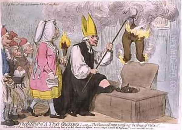 The Bishop of a Tuns Breeches or The Flaming Eveque purifying the House of Office Oil Painting by James Gillray