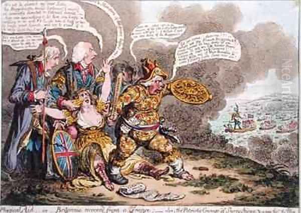 Physical Aid or Britannia recovered from a trance also The Patriotic Courage of Sherry Andrews and a Peep into the Fog Oil Painting by James Gillray