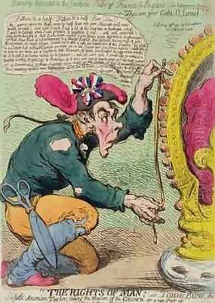 The Rights of Man or Tommy Paine the little American Taylor taking the Measure of the Crown for a new Pair of Revolution Breeches Oil Painting by James Gillray