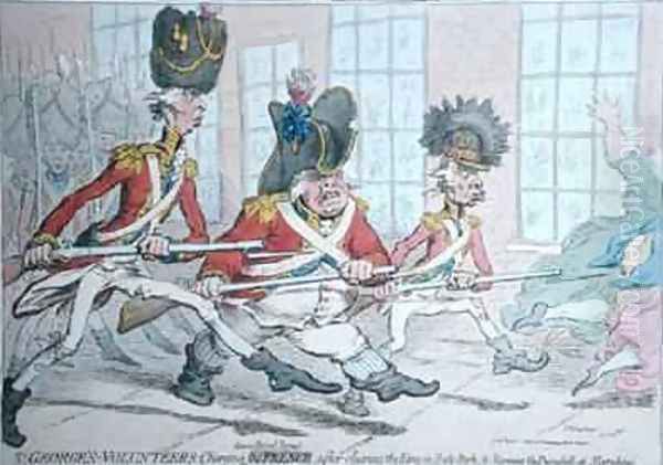 St Georges Volunteers Charging down Bond Street after clearing the Ring in Hyde Park and storming the Dunghill at Marybone Oil Painting by James Gillray