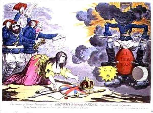 The Genius of France triumphant or Britannia petitioning for Peace Oil Painting by James Gillray