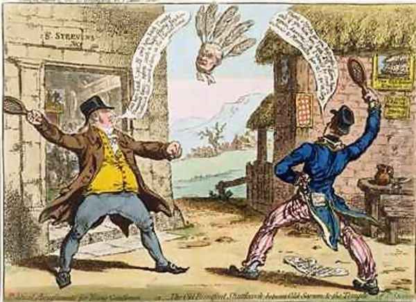 Political Amusements for Young Gentlemen or The Old Brentford Shuttlecock between Old Sarum and the Temple of St Steevens Oil Painting by James Gillray