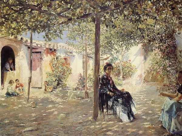 Ladies in a Sun-dappled Courtyard Oil Painting by Jose Gallegos Y Arnosa