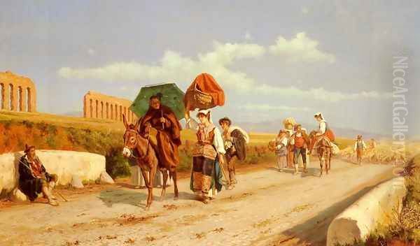 Travellers In The Roman Campagna Oil Painting by Pietro Gabrini