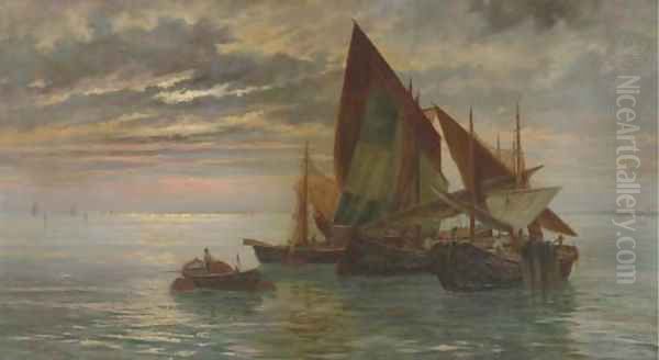 Boats at Sunset Oil Painting by Pietro Gabrini