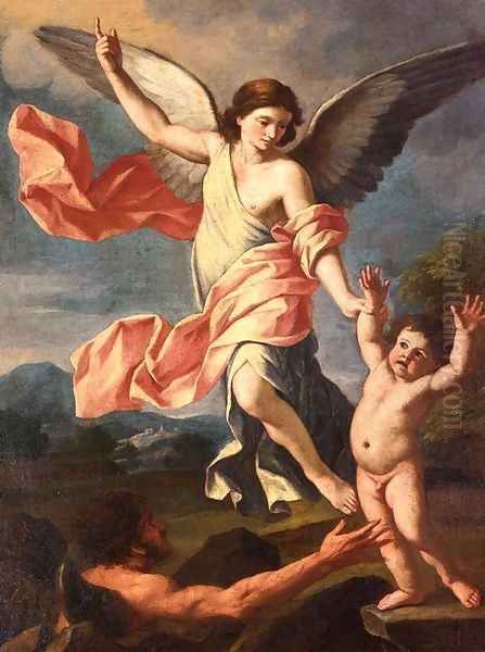 An Angel and a Devil Fighting for the Soul of a Child Oil Painting by Giacinto Gimignani