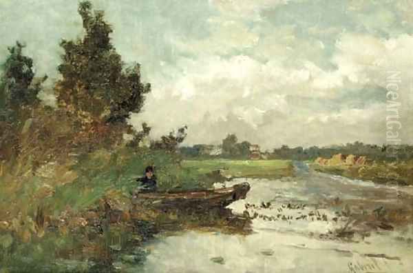 An angler in a polder landscape Oil Painting by Paul Joseph Constantine Gabriel