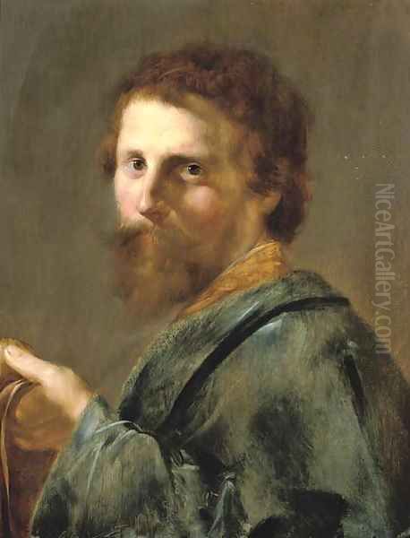 Portrait of a man, bust-length, in a blue robe, holding his cap in his left hand Oil Painting by Pieter de Grebber