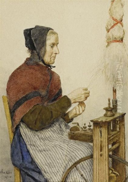 Peasant Woman At A Spinning Wheel Oil Painting by Albert Anker