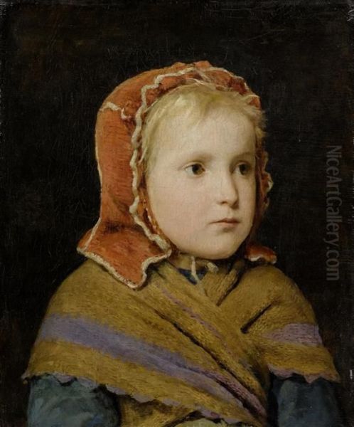 Girl In A Red Cap Oil Painting by Albert Anker