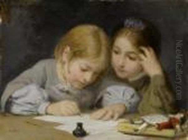 The Writing Lesson Oil Painting by Albert Anker