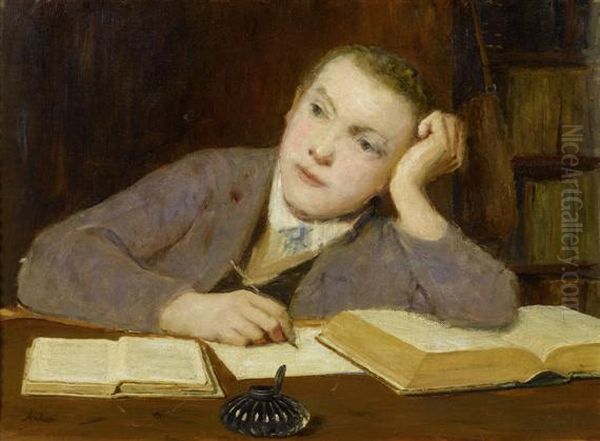 A Boy Writing Oil Painting by Albert Anker