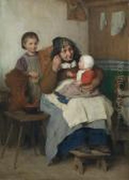 Grandmother Spooning The Soup To Her Grandchild Oil Painting by Albert Anker