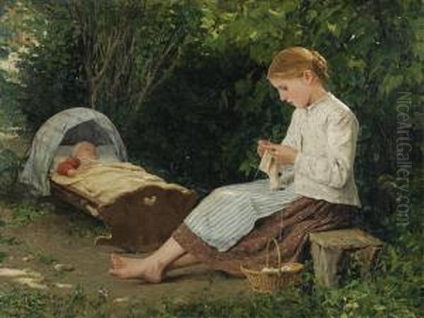 Knitting Girl Watching The Toddler In A Craddle Oil Painting by Albert Anker