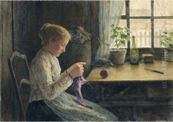 Strickendes Madchen Am Fenster Oil Painting by Albert Anker