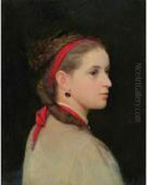 Madchen Mit Roter Haarschleife Oil Painting by Albert Anker