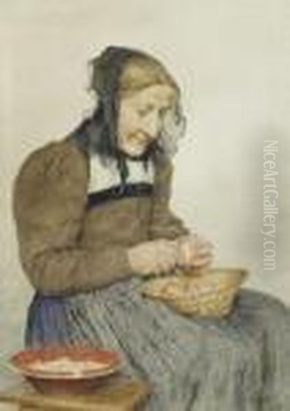 Portrait Of A Woman Peeling An Apple Oil Painting by Albert Anker