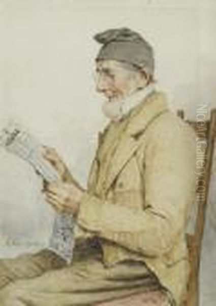 Portrait Of A Man Reading A Newspaper Oil Painting by Albert Anker