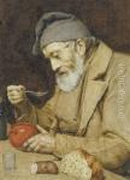 An Old Man Eating Soup Oil Painting by Albert Anker