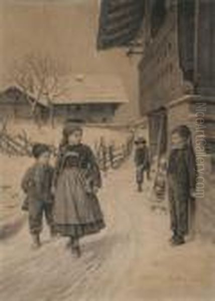 Kinderen In De Sneeuw Oil Painting by Albert Anker