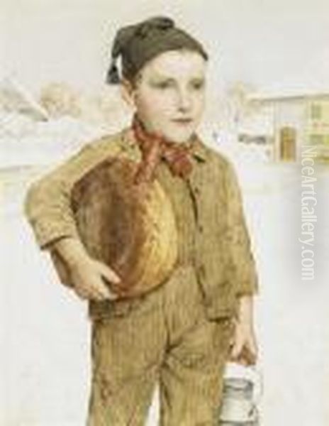 Boy With Milk Can And Loaf Of Bread Oil Painting by Albert Anker