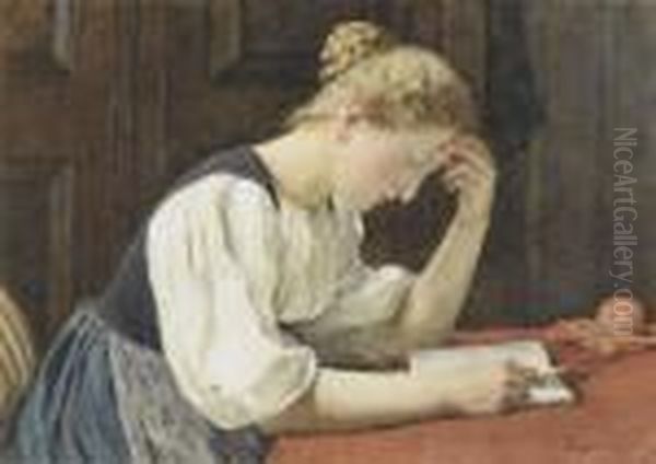 Young Woman Reading At A Table Oil Painting by Albert Anker