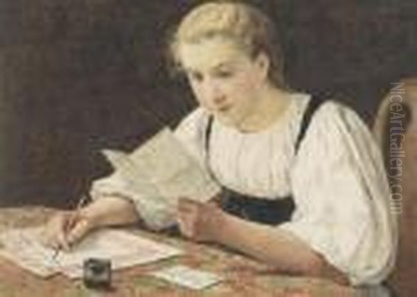 Girl Writing Oil Painting by Albert Anker