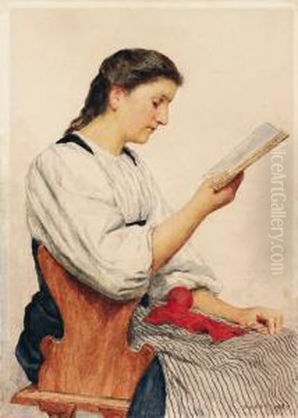 Lesende Jungebauerin, Sitzend Nach Rechts, In Einem Buch Lesend Oil Painting by Albert Anker