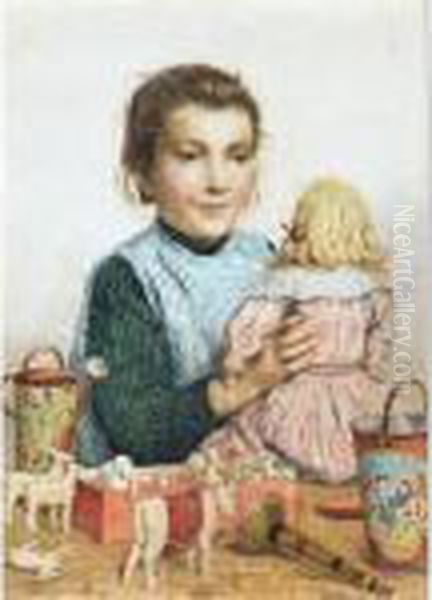 Girl With Doll And Toys Oil Painting by Albert Anker