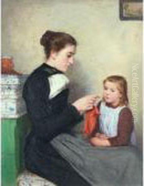 Knitting Bernese Woman With Child Oil Painting by Albert Anker