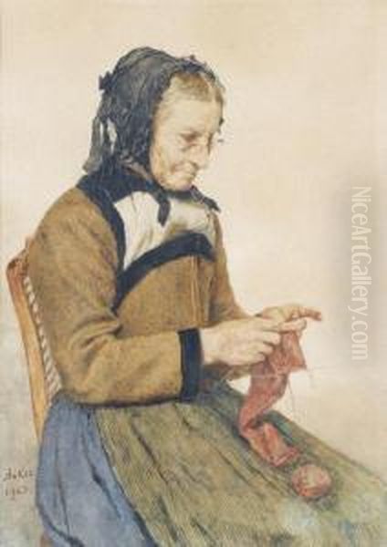 Strickende Grossmutter. Oil Painting by Albert Anker