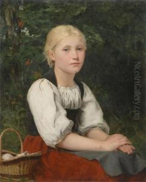 Genre Seated Girl With Knitting Basket Oil Painting by Albert Anker