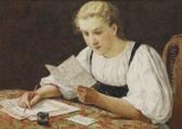 Briefschreibendes Madchen Oil Painting by Albert Anker