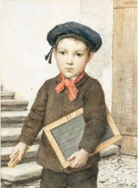 Schulknabe Mit Schiefertafel Oil Painting by Albert Anker