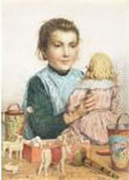 Madchen Mit Puppe Und Spielsachen Oil Painting by Albert Anker