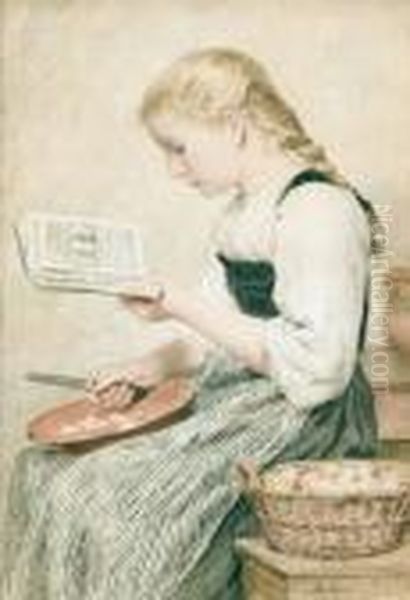 Sitzendes Lesendes Madchen Mit Apfeln Oil Painting by Albert Anker