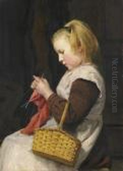 Strickendes Madchen Mit Korb Oil Painting by Albert Anker