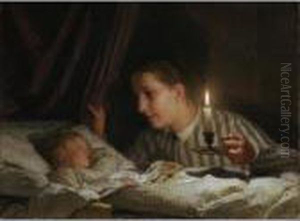 Young Mother Watching Her Sleeping Child By The Candlelight Oil Painting by Albert Anker