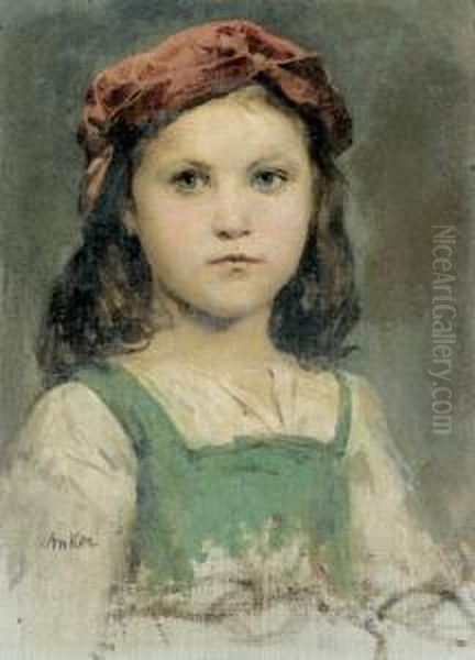 Bildnis Eines Madchens Mit Roter Kopfbedeckung. Oil Painting by Albert Anker