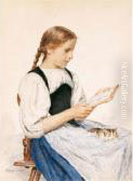 Lesendes Madchen Mit Katzchen Oil Painting by Albert Anker