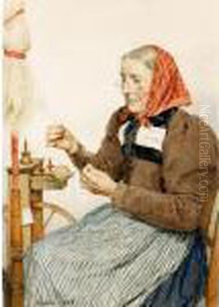 Grossmutter Am Spinnrad, 1906 
Grandmother Spinning, 1906 Oil Painting by Albert Anker